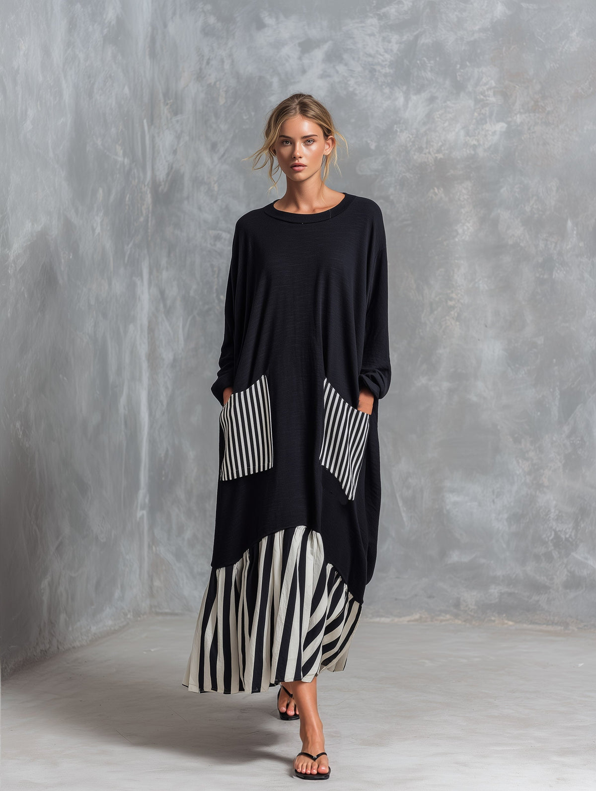 Stefania | Czarna bawełniana sukienka maxi oversize z paskami w stylu patchworku
