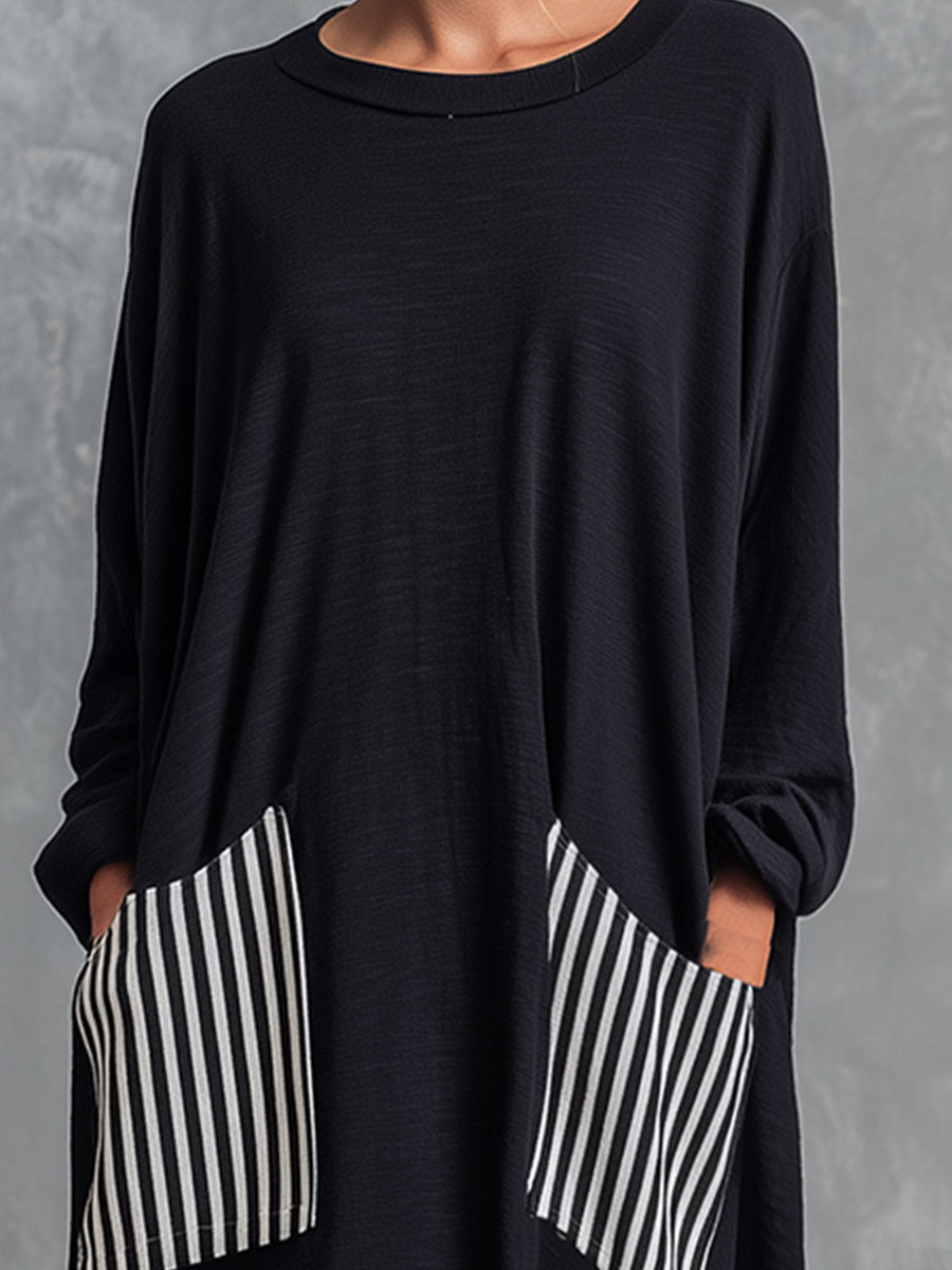 Stefania | Czarna bawełniana sukienka maxi oversize z paskami w stylu patchworku