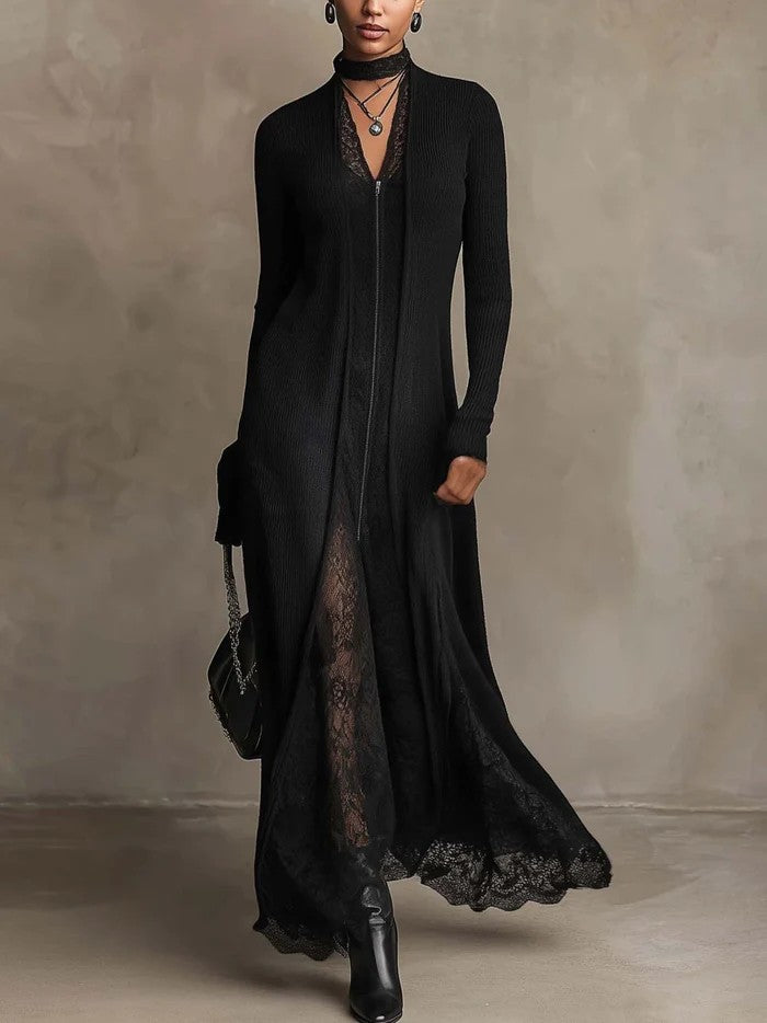 Fosca | Elegancka dzianinowa sukienka maxi z koronką