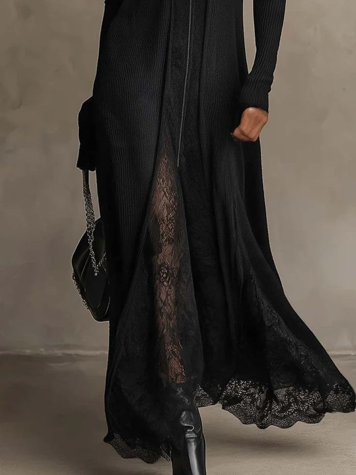 Fosca | Elegancka dzianinowa sukienka maxi z koronką