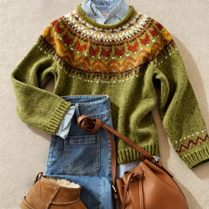 Adèle | Żakardowy sweter w oliwkowej zieleni