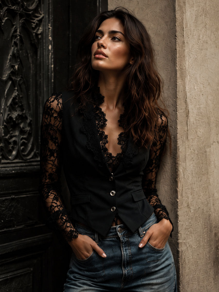 Lora – elegancki top w stylu blezera z półprzezroczystymi rękawami