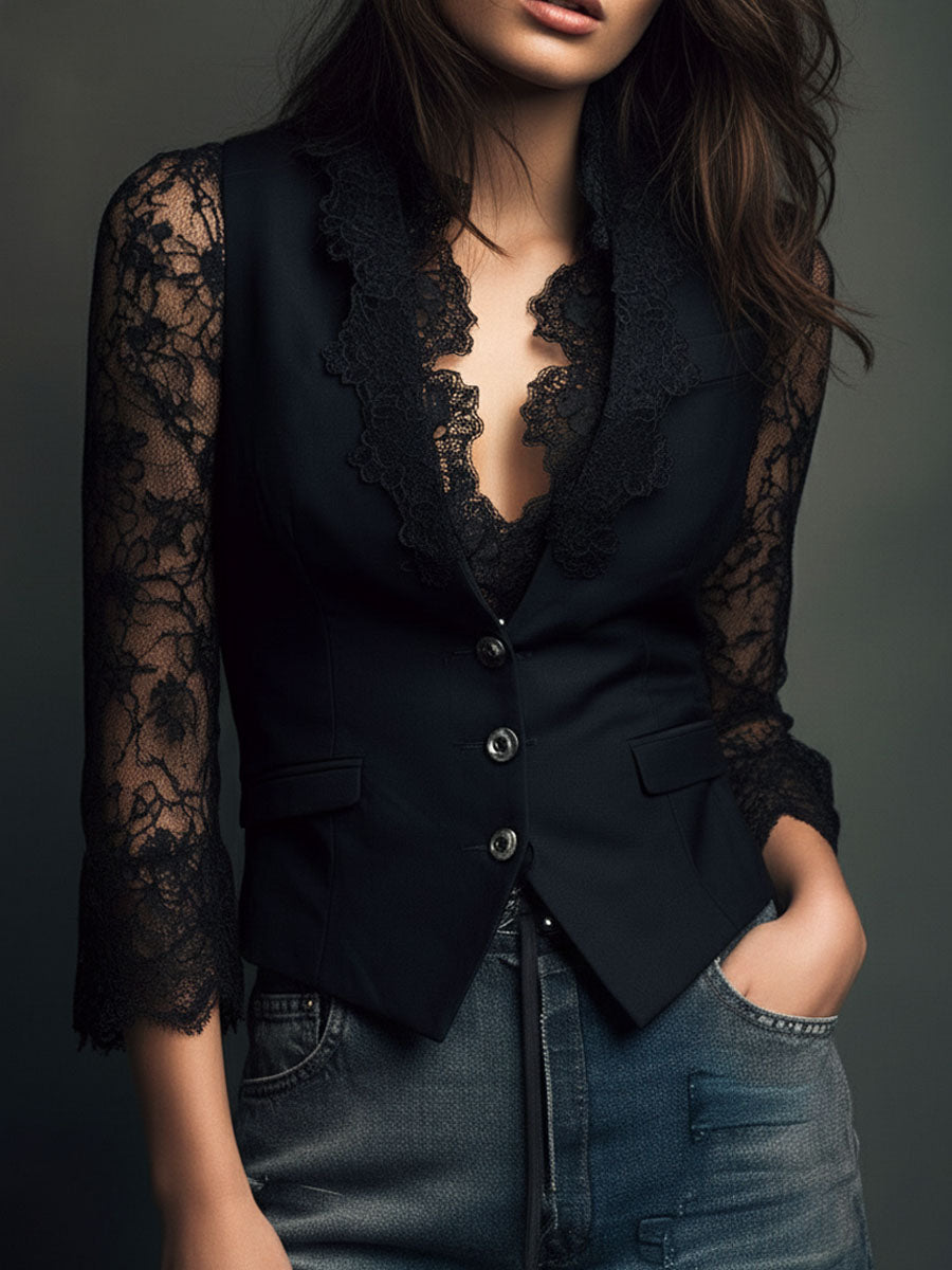 Lora – elegancki top w stylu blezera z półprzezroczystymi rękawami