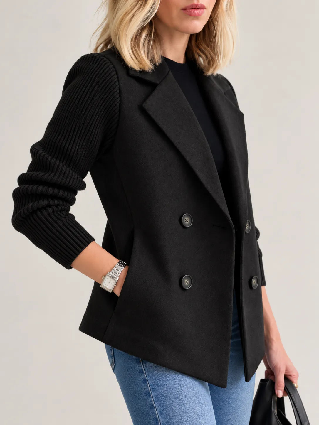 Celeste | Elegancka dwurzędowa kurtka z prążkowanymi rękawami