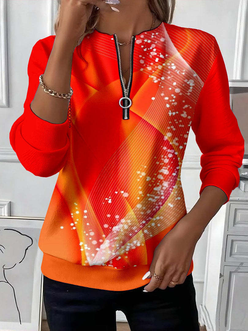 Emma – Bluza z zamkiem i czerwono-pomarańczowym brokatowym wzorem