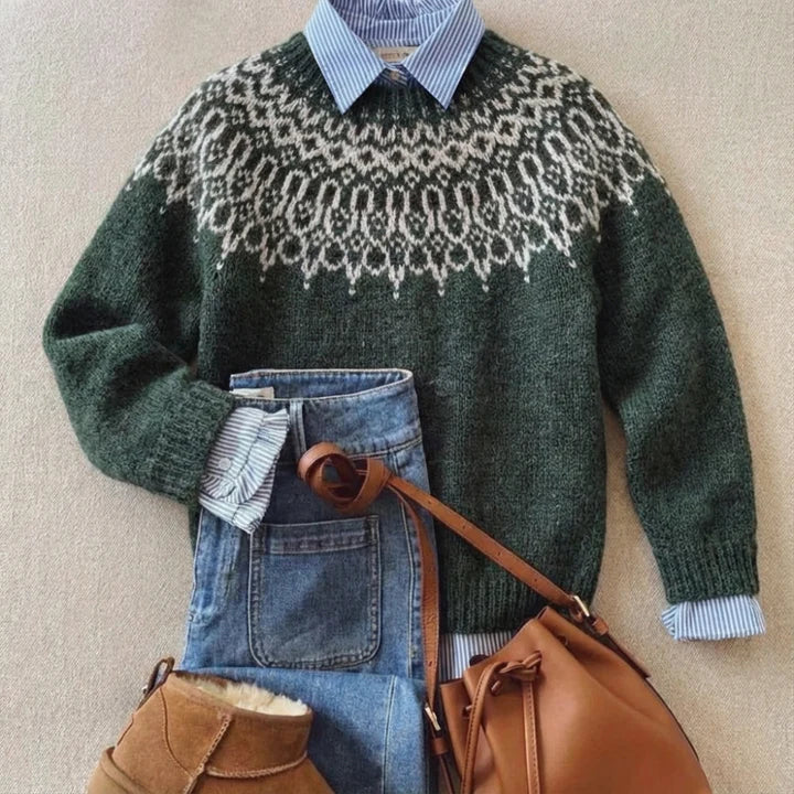 Roxane | Sweter ze śnieżynkami w leśnej zieleni