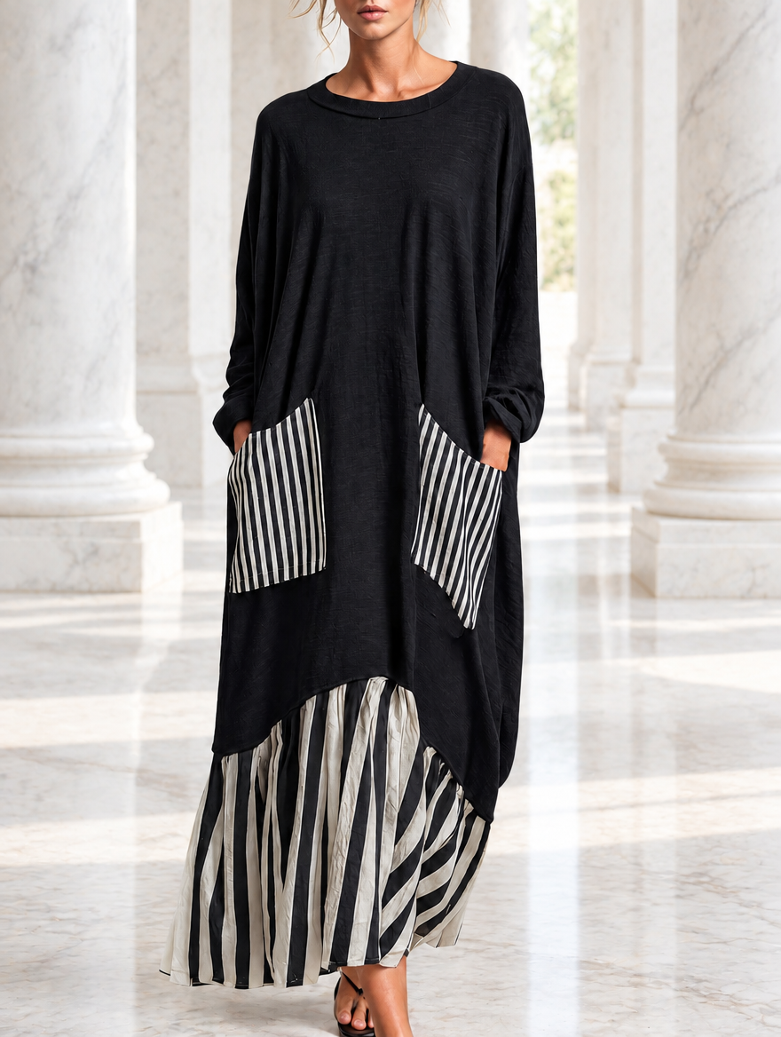 Stefania | Czarna bawełniana sukienka maxi oversize z paskami w stylu patchworku