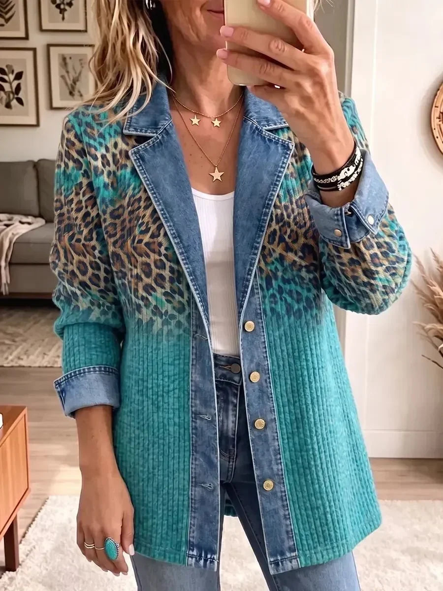 Olivia | Elegancka kurtka jeansowa vintage w panterkę