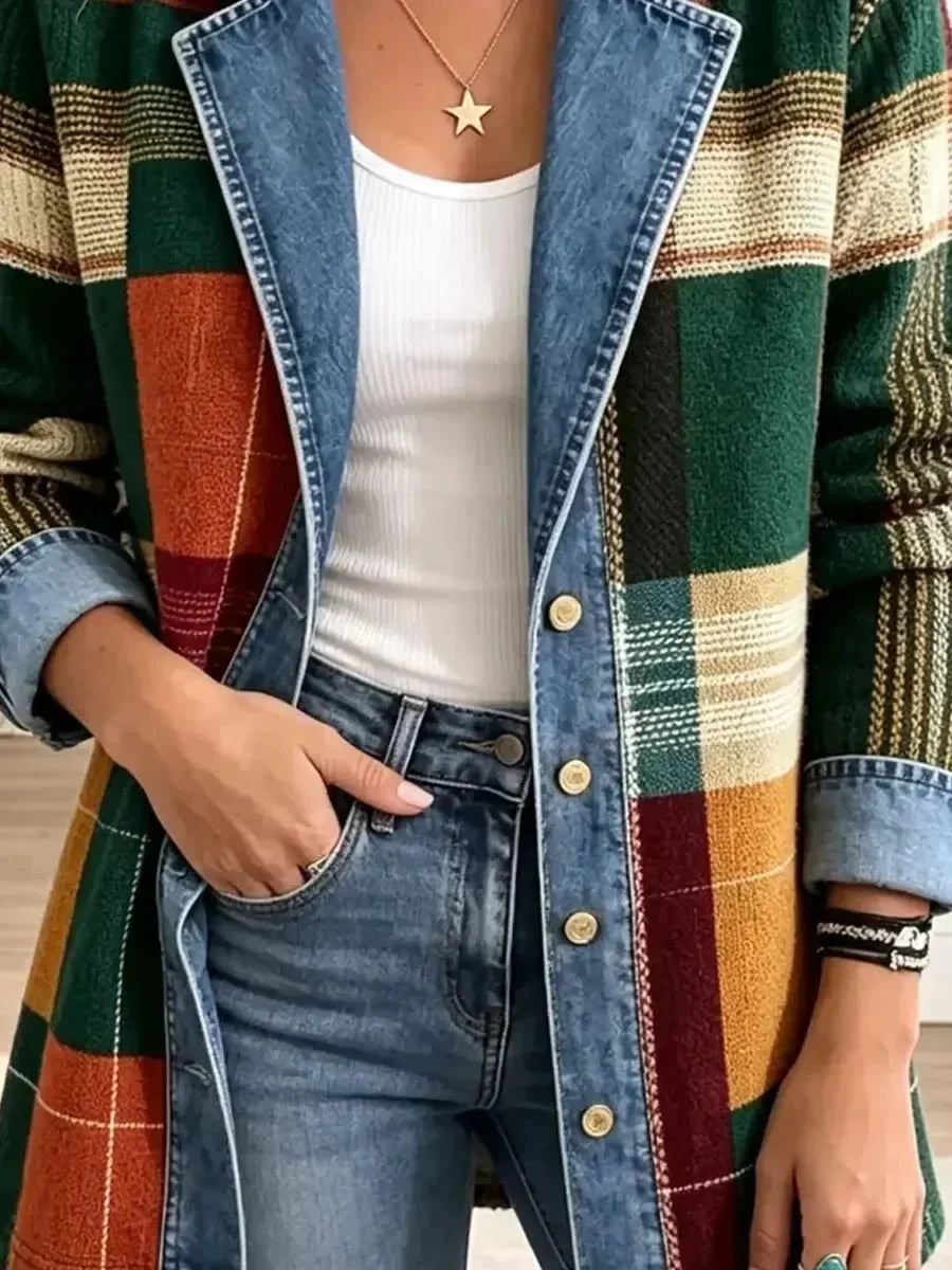 Ella | Swobodna kurtka jeansowa retro z artystycznym wzorem w kratę