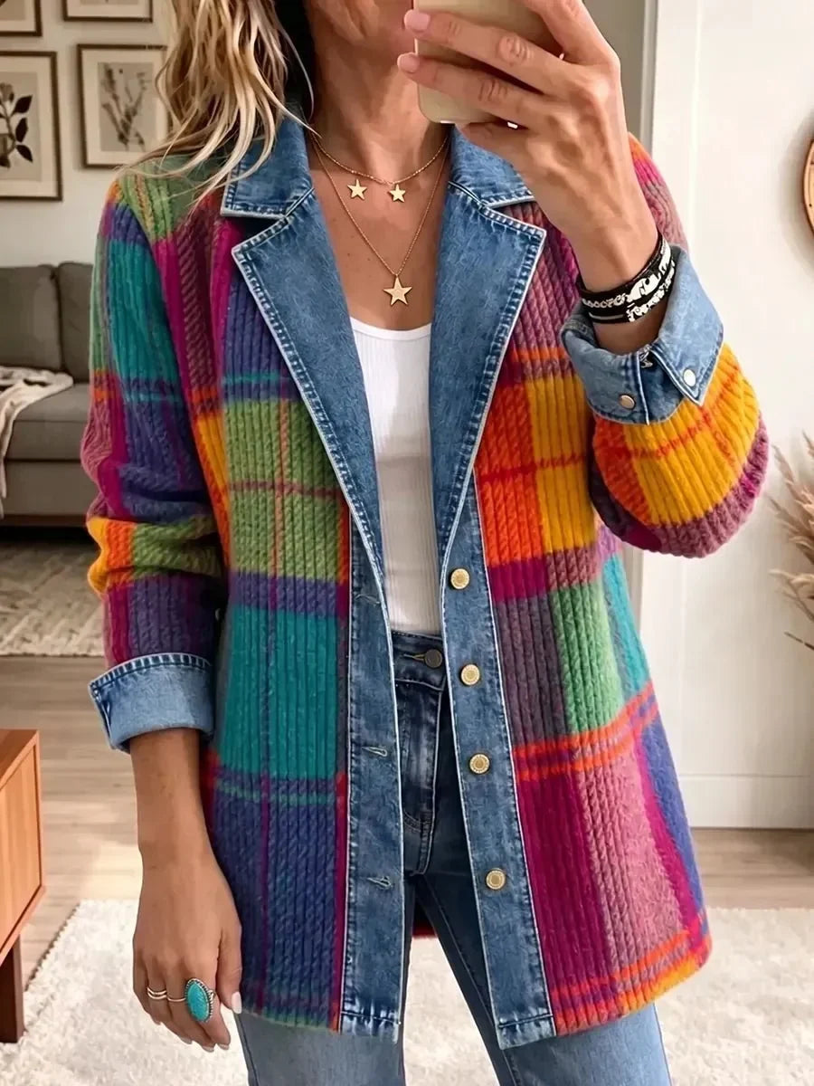 Emma | Elegancka kurtka jeansowa vintage z patchworkiem i kratą