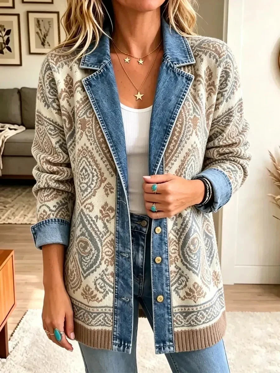 Amelia | Stylowa kurtka jeansowa retro z etnicznym patchworkiem