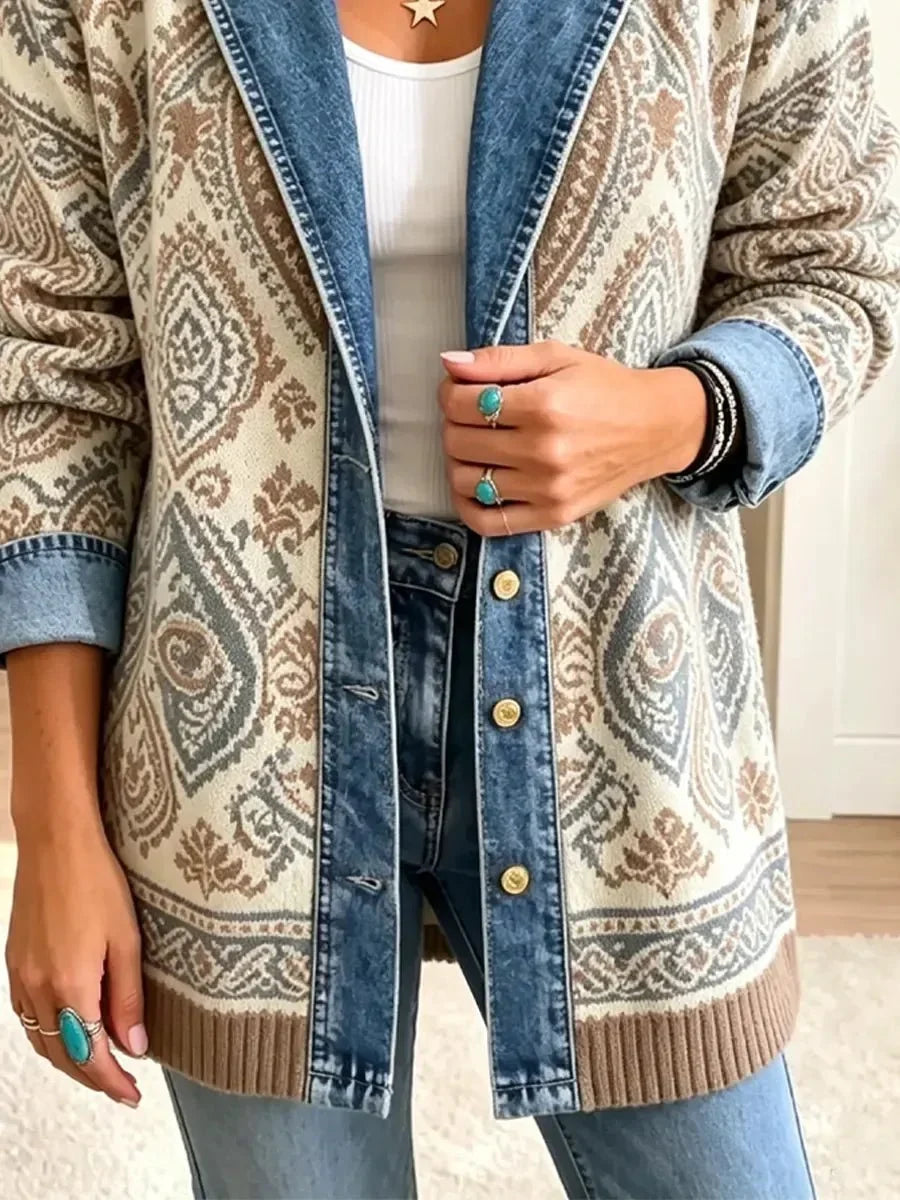 Amelia | Stylowa kurtka jeansowa retro z etnicznym patchworkiem