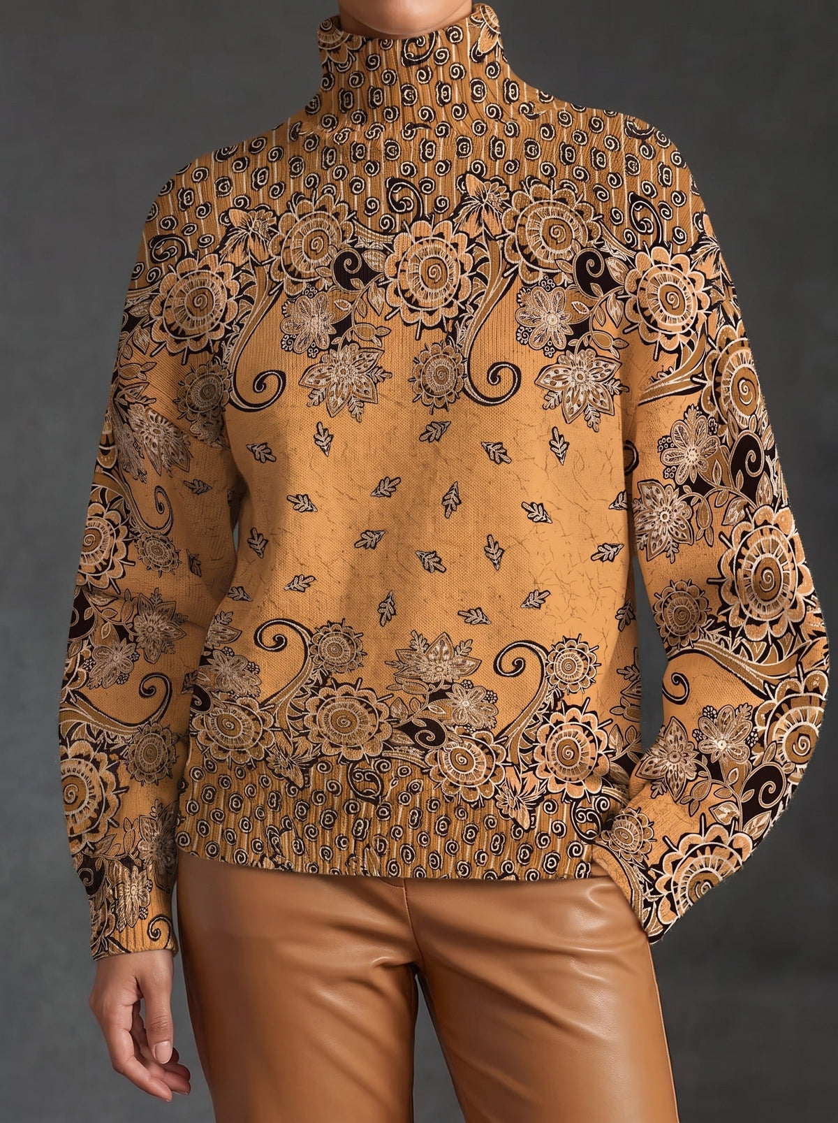 Oleander™ | Sweter z golfem z karmelowym wzorem paisley