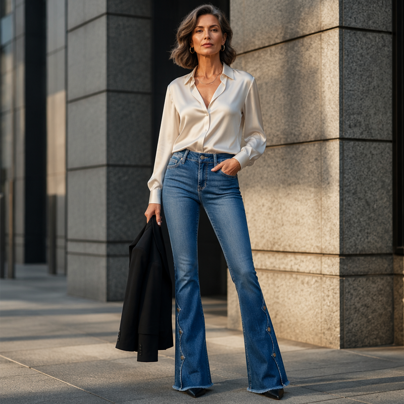 Amelie – Jeansy dzwony z detalami z guzików