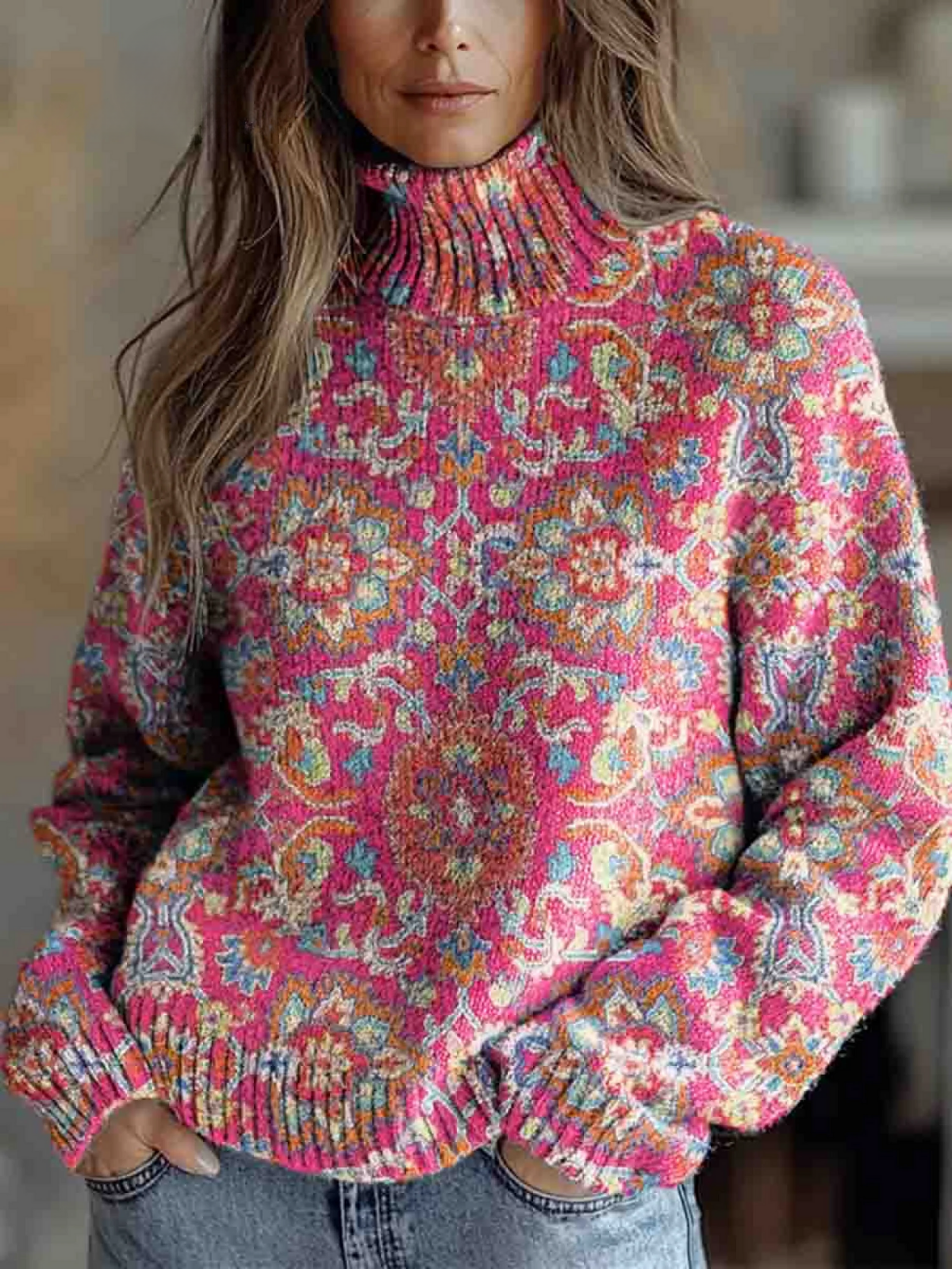 Isla | Retro sweter z golfem w kwiaty