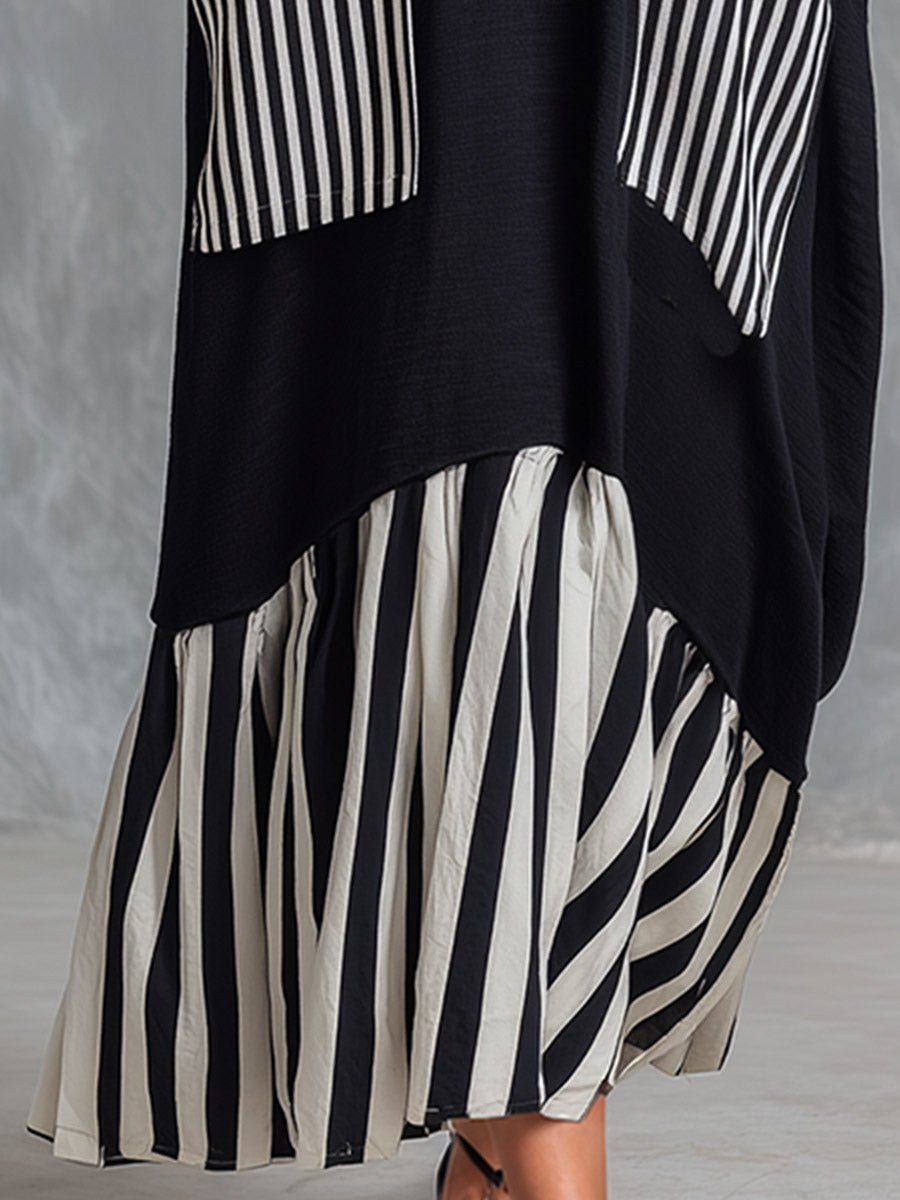 Stefania | Czarna bawełniana sukienka maxi oversize z paskami w stylu patchworku