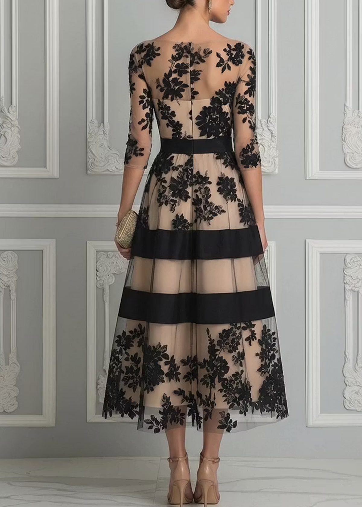 Elegancka czarna sukienka midi o kroju A z koronki