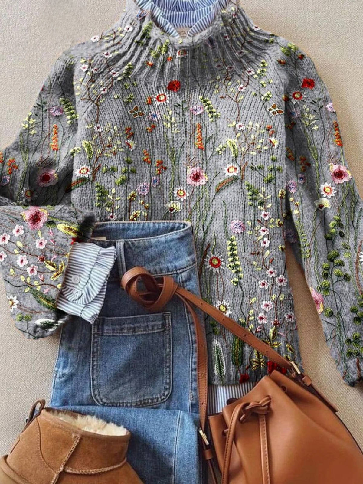 Maurine | Sweter dzianinowy vintage z kwiatowym nadrukiem