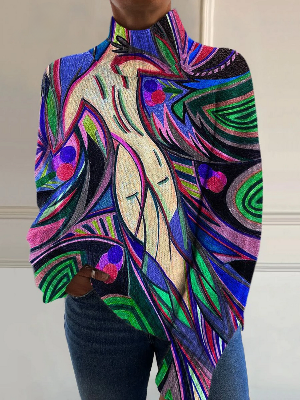 Evie | Retro sweter z golfem z abstrakcyjnym wzorem