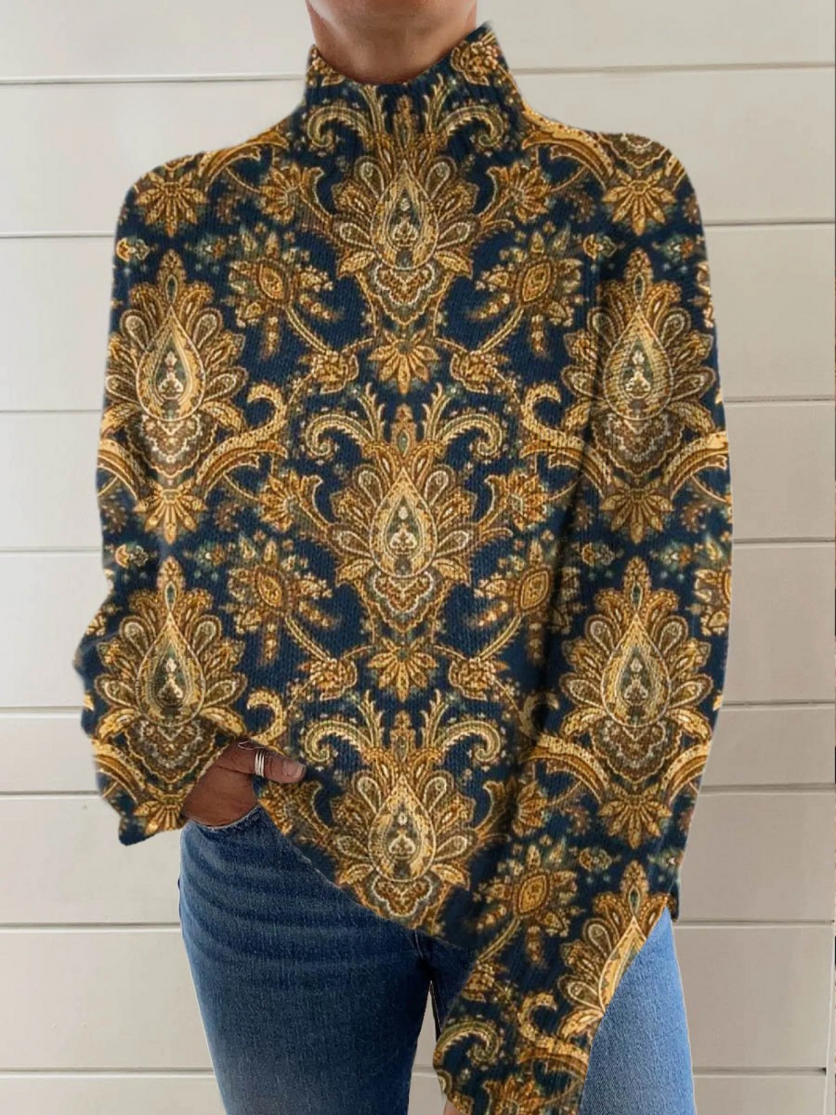 Scarlett | Sweter z golfem z kwiatowym motywem vintage