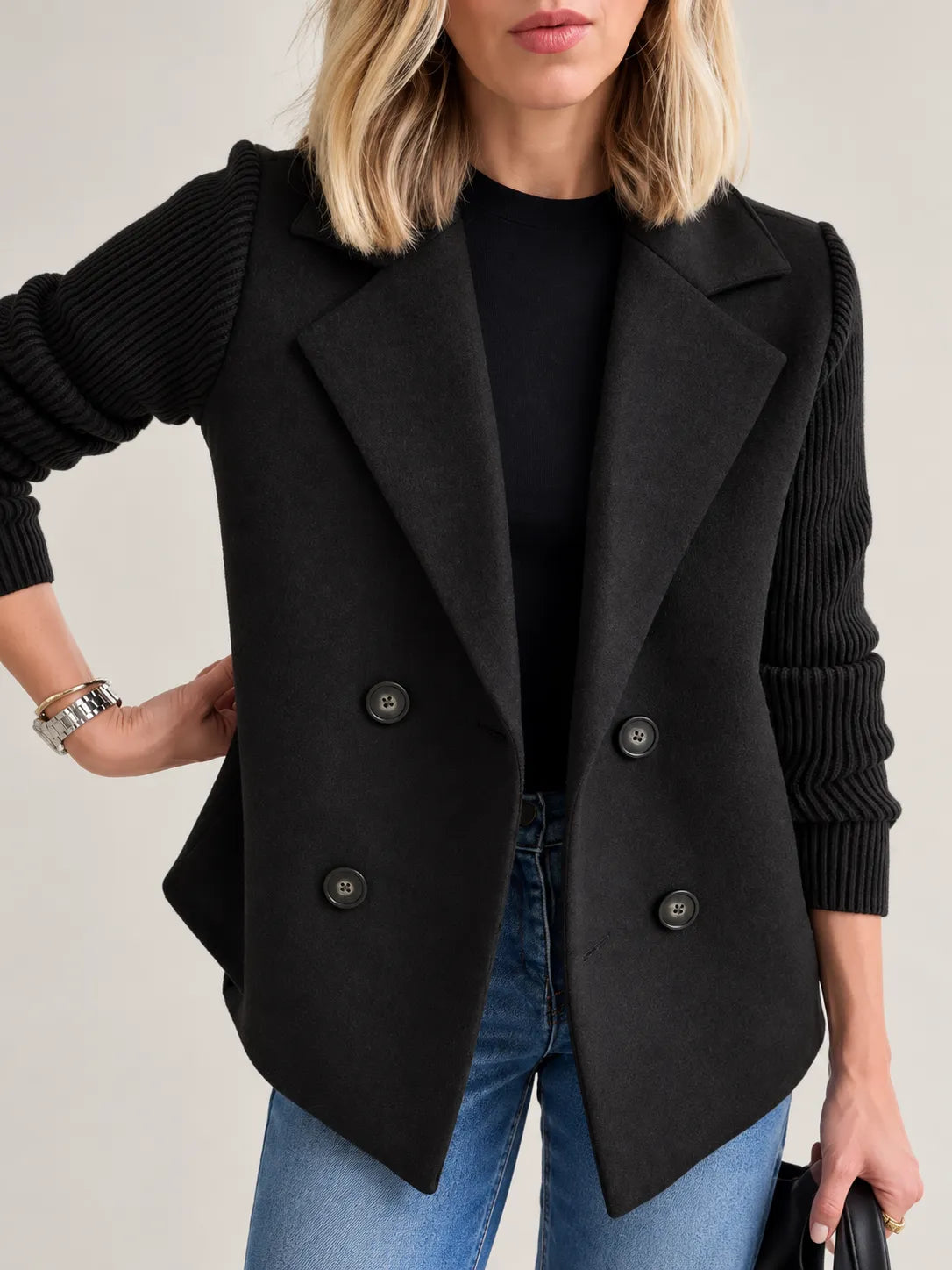 Celeste | Elegancka dwurzędowa kurtka z prążkowanymi rękawami