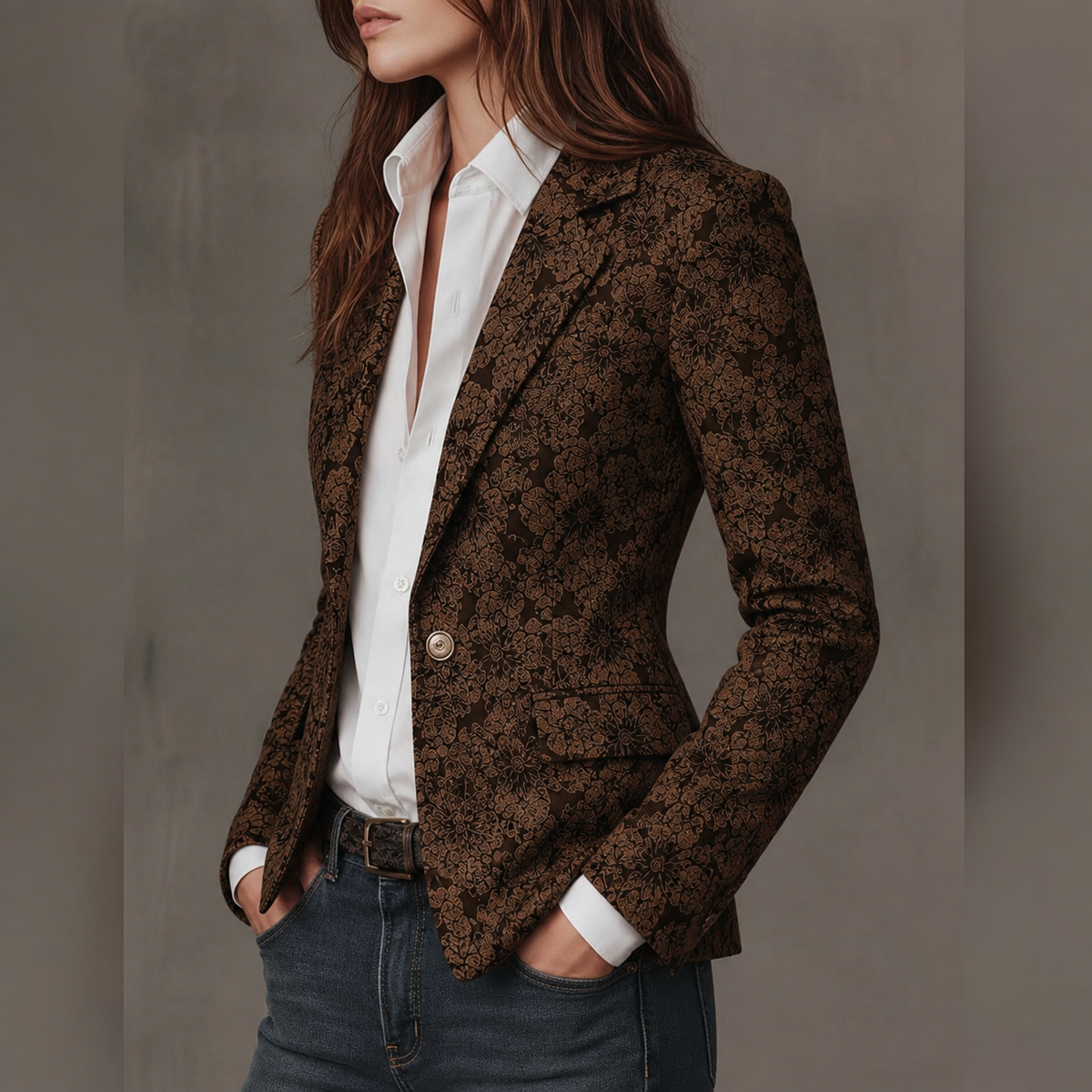 Dopasowany damski blezer żakardowy z wzorem paisley