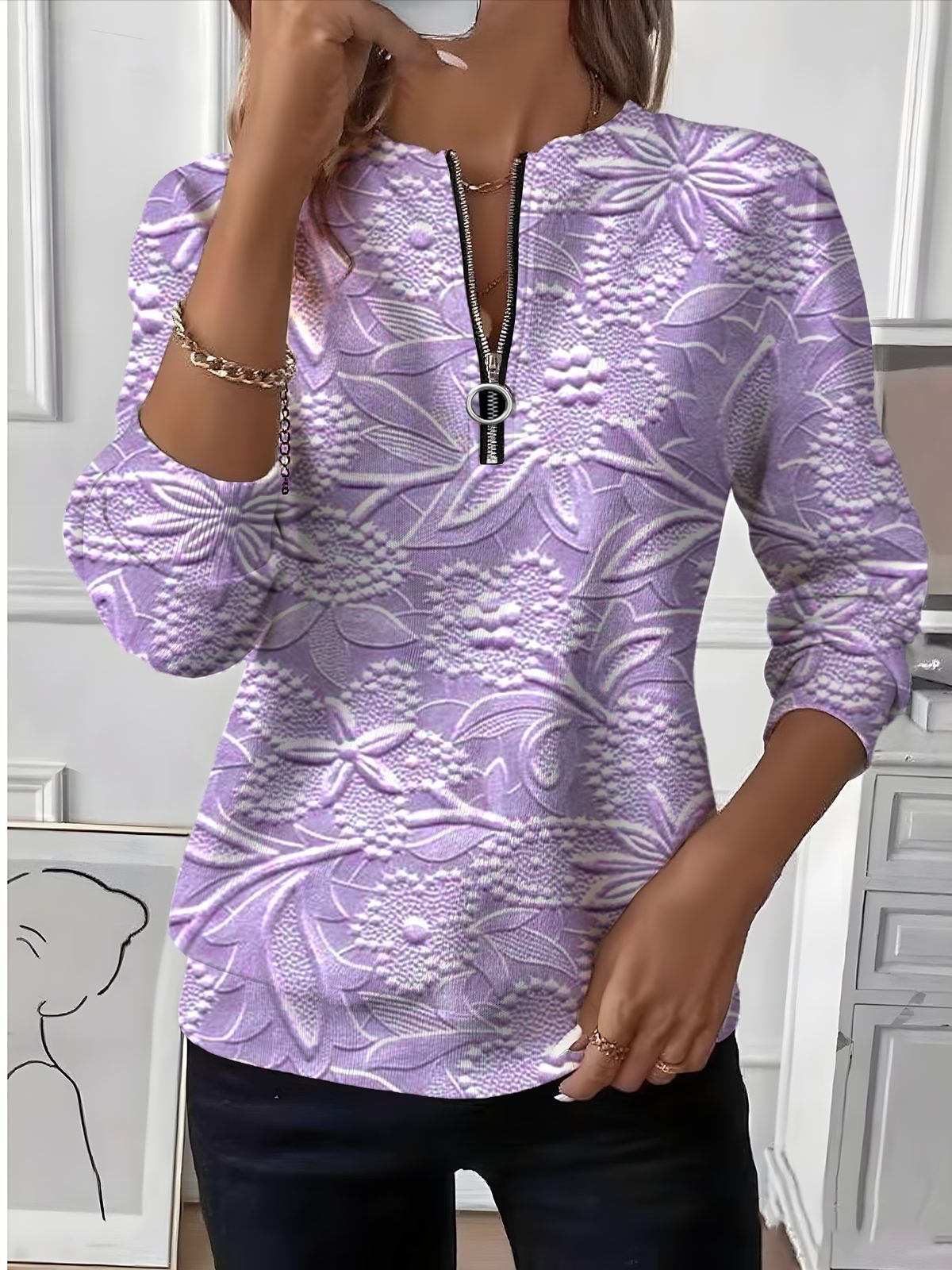 Astrid – Bluza z zamkiem i teksturowanym kwiatowym wzorem