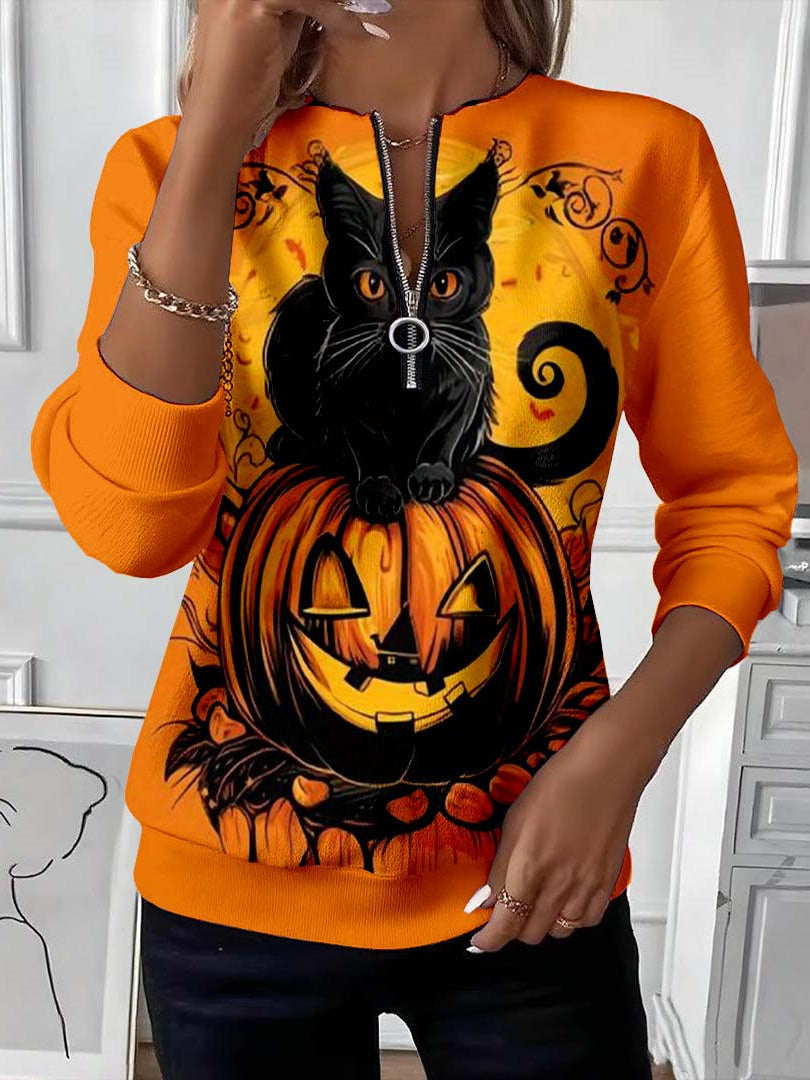 Olivia – Bluza na Halloween z zamkiem, czarnym kotem i dynią