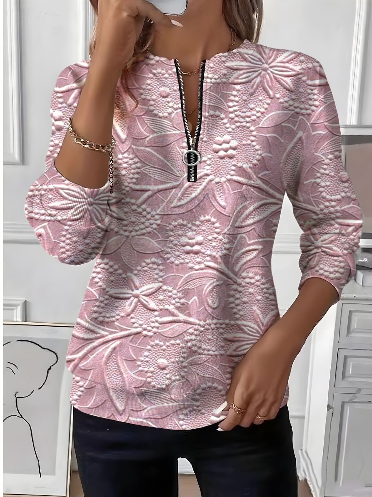 Astrid – Bluza z zamkiem i teksturowanym kwiatowym wzorem