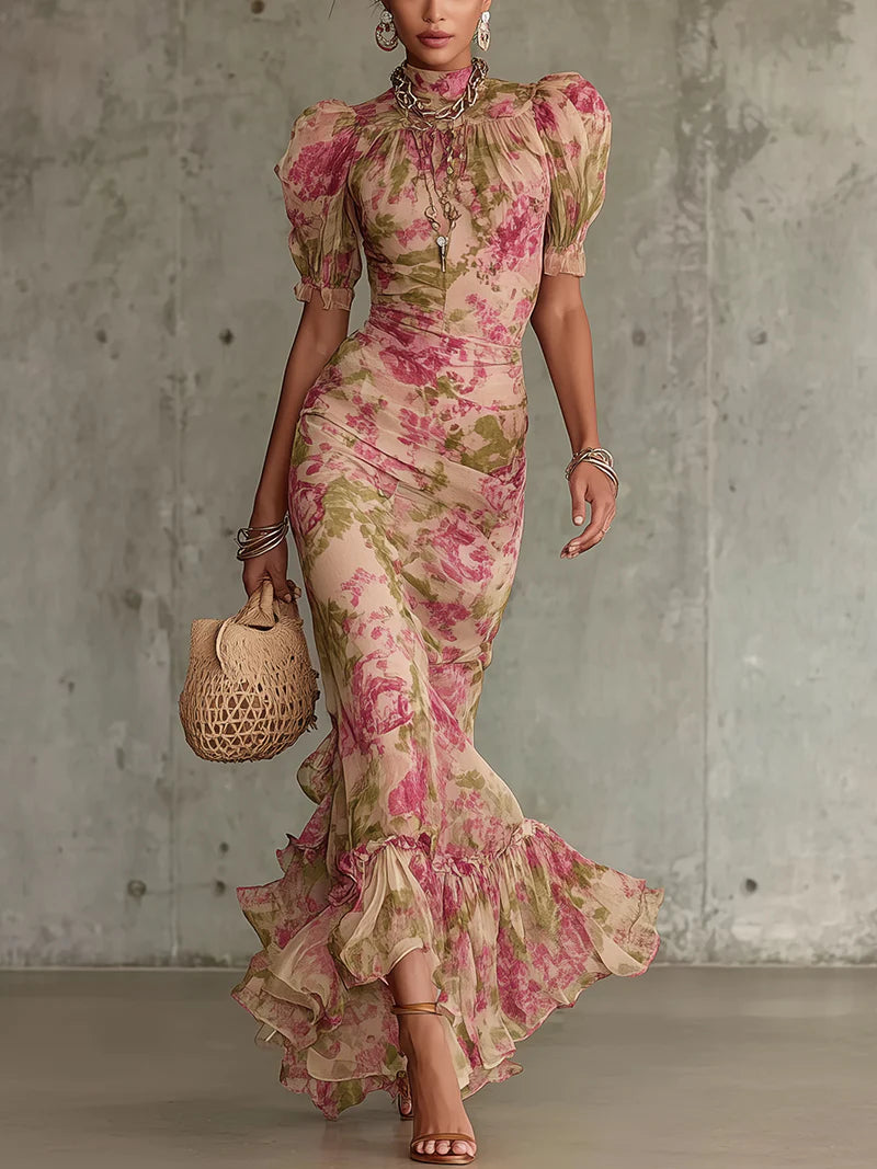 Tamsin | Sukienka maxi w kwiaty z bufiastymi rękawami