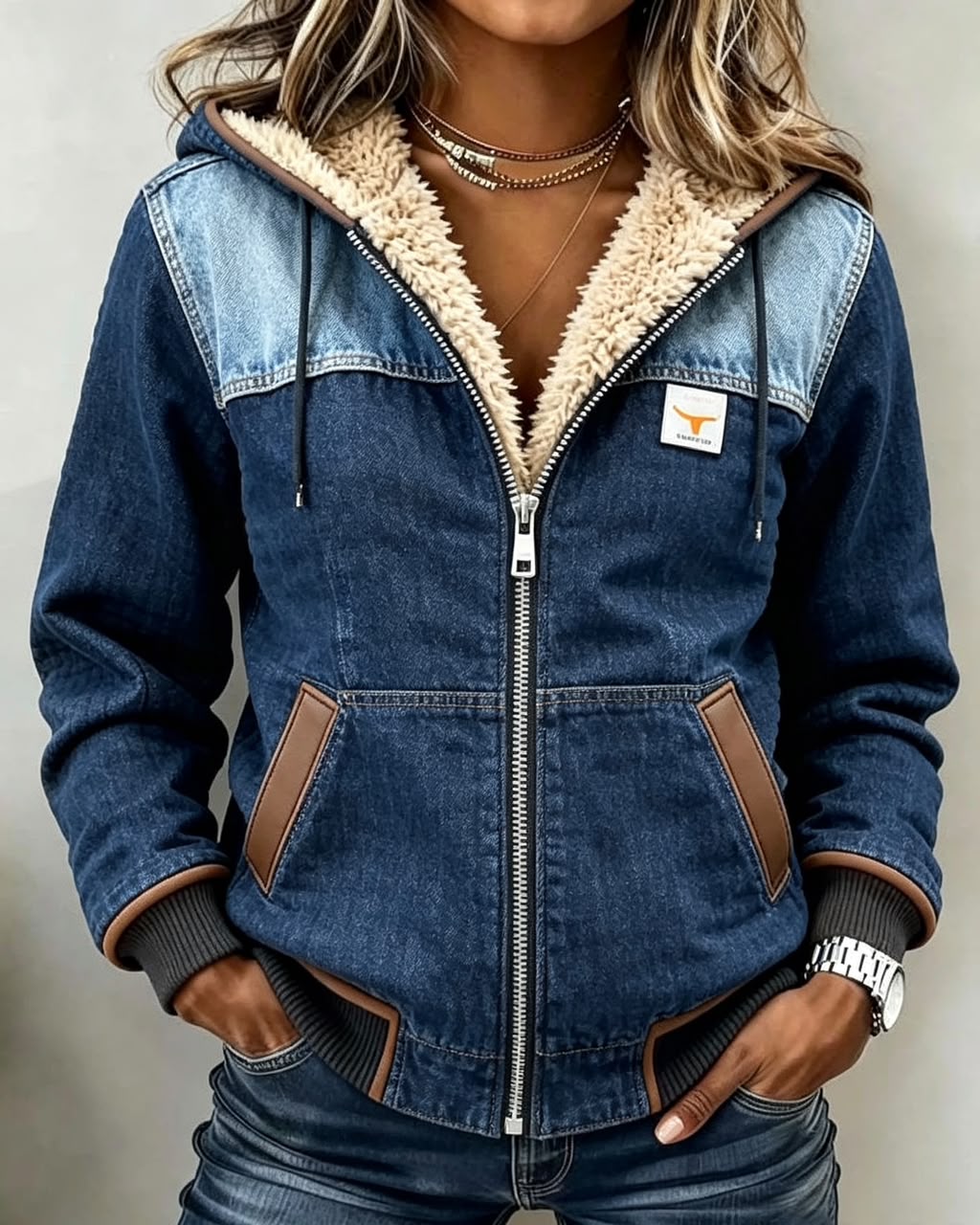 Penelope | Kurtka z kapturem i podszewką sherpa – Dwukolorowy denim