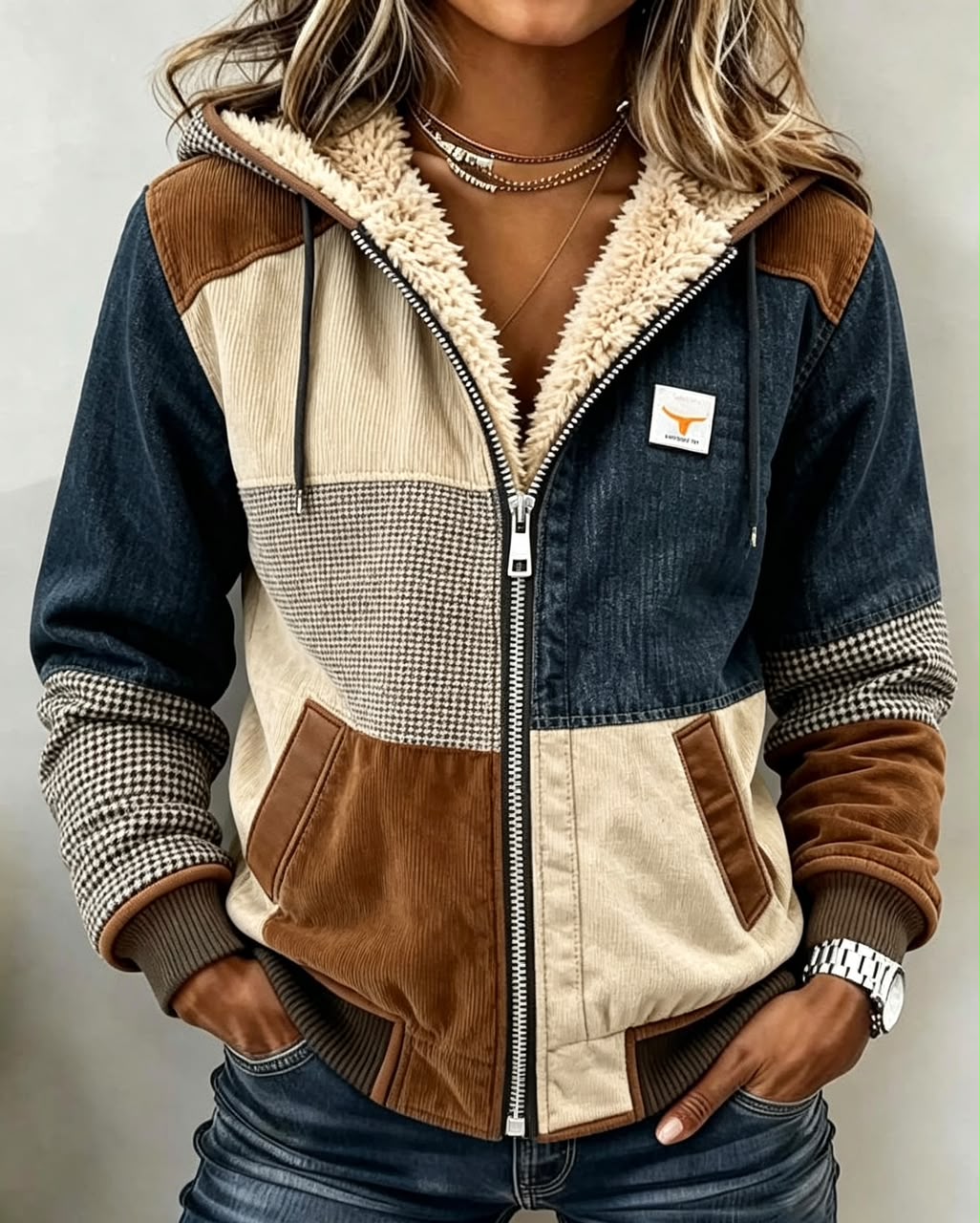 Caroline | Kurtka z kapturem i podszewką sherpa – Patchwork z denimu i tweedu