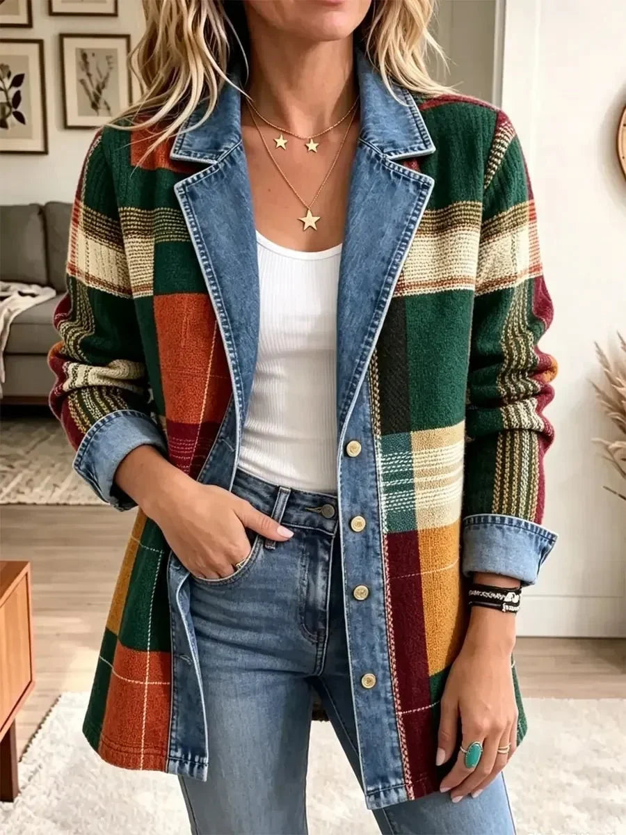 Ella | Swobodna kurtka jeansowa retro z artystycznym wzorem w kratę