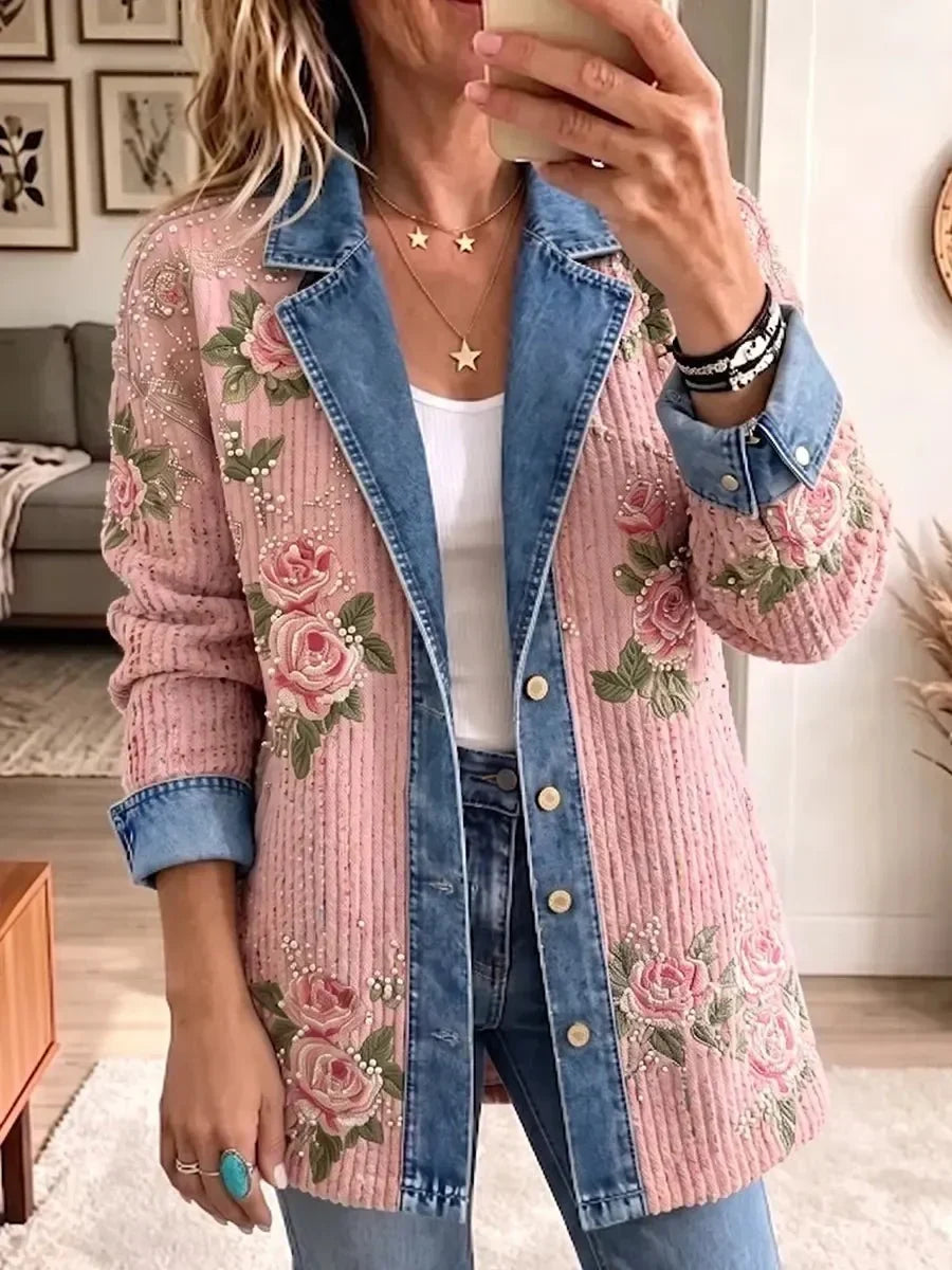 Aria | Elegancka marynarka vintage z jeansowym patchworkiem i blokami kolorów