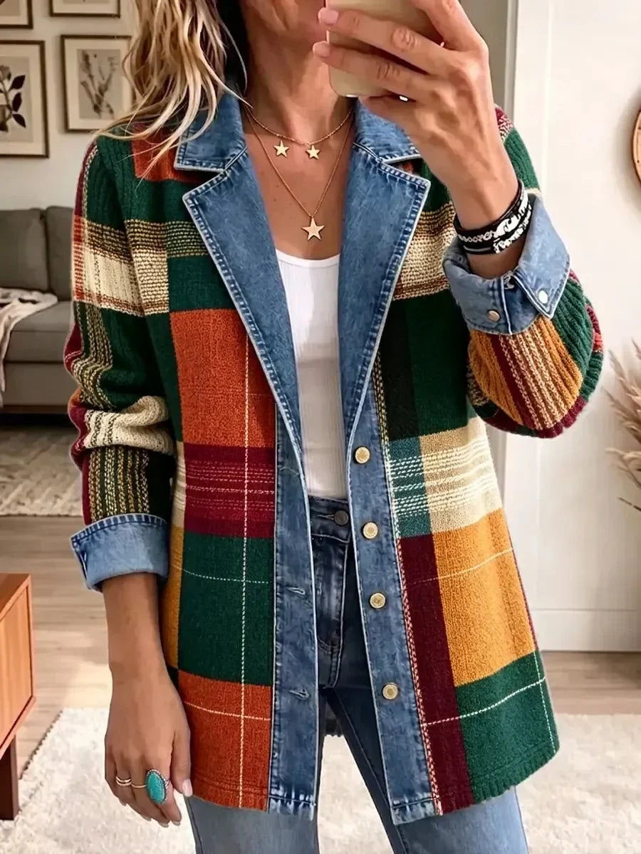Ella | Swobodna kurtka jeansowa retro z artystycznym wzorem w kratę