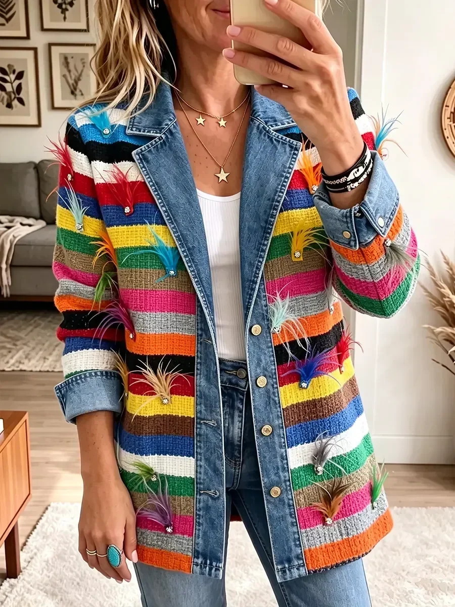 Mia | Elegancka kurtka jeansowa vintage z nadrukiem piór