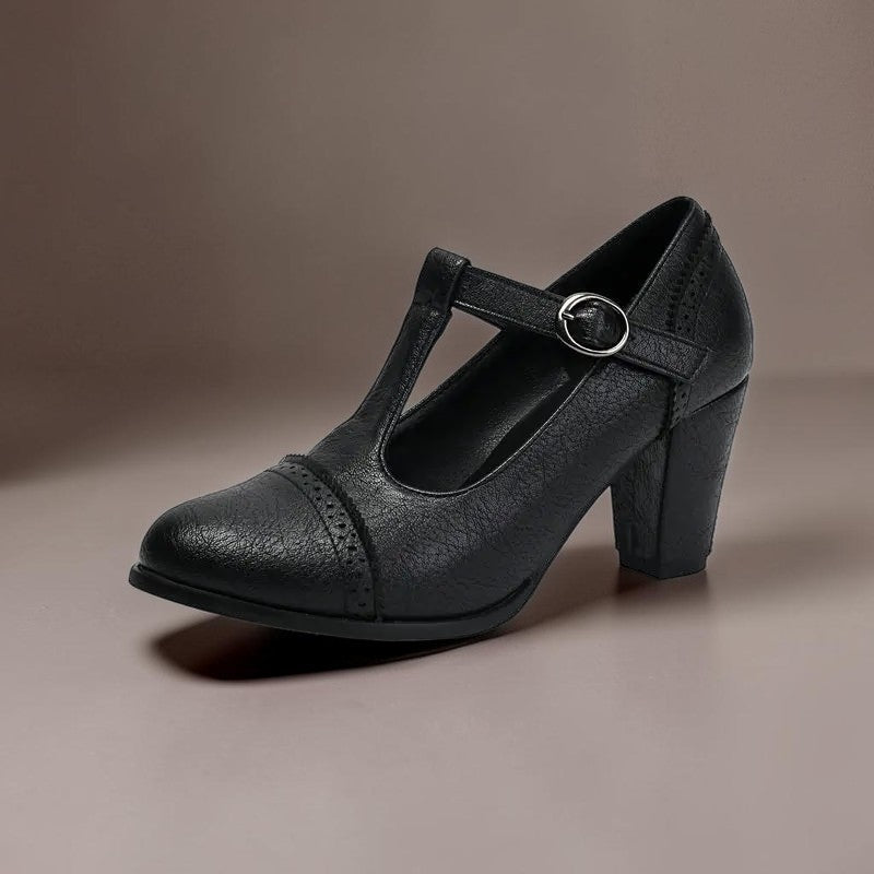 Hanne | Eleganckie buty z paskiem w kształcie litery T i słupkowym obcasem
