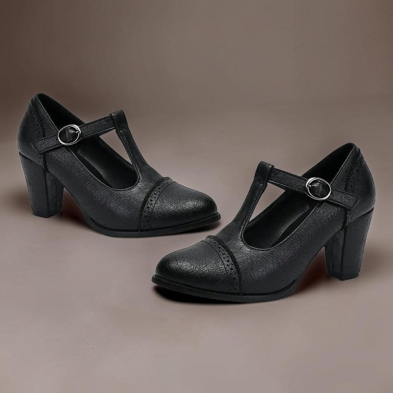 Hanne | Eleganckie buty z paskiem w kształcie litery T i słupkowym obcasem