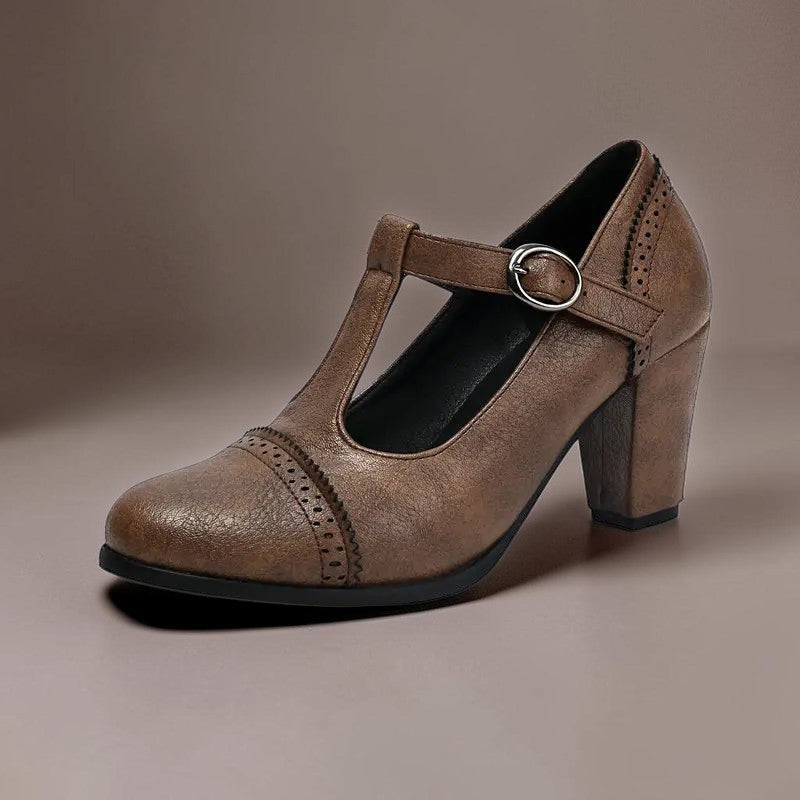 Hanne | Eleganckie buty z paskiem w kształcie litery T i słupkowym obcasem